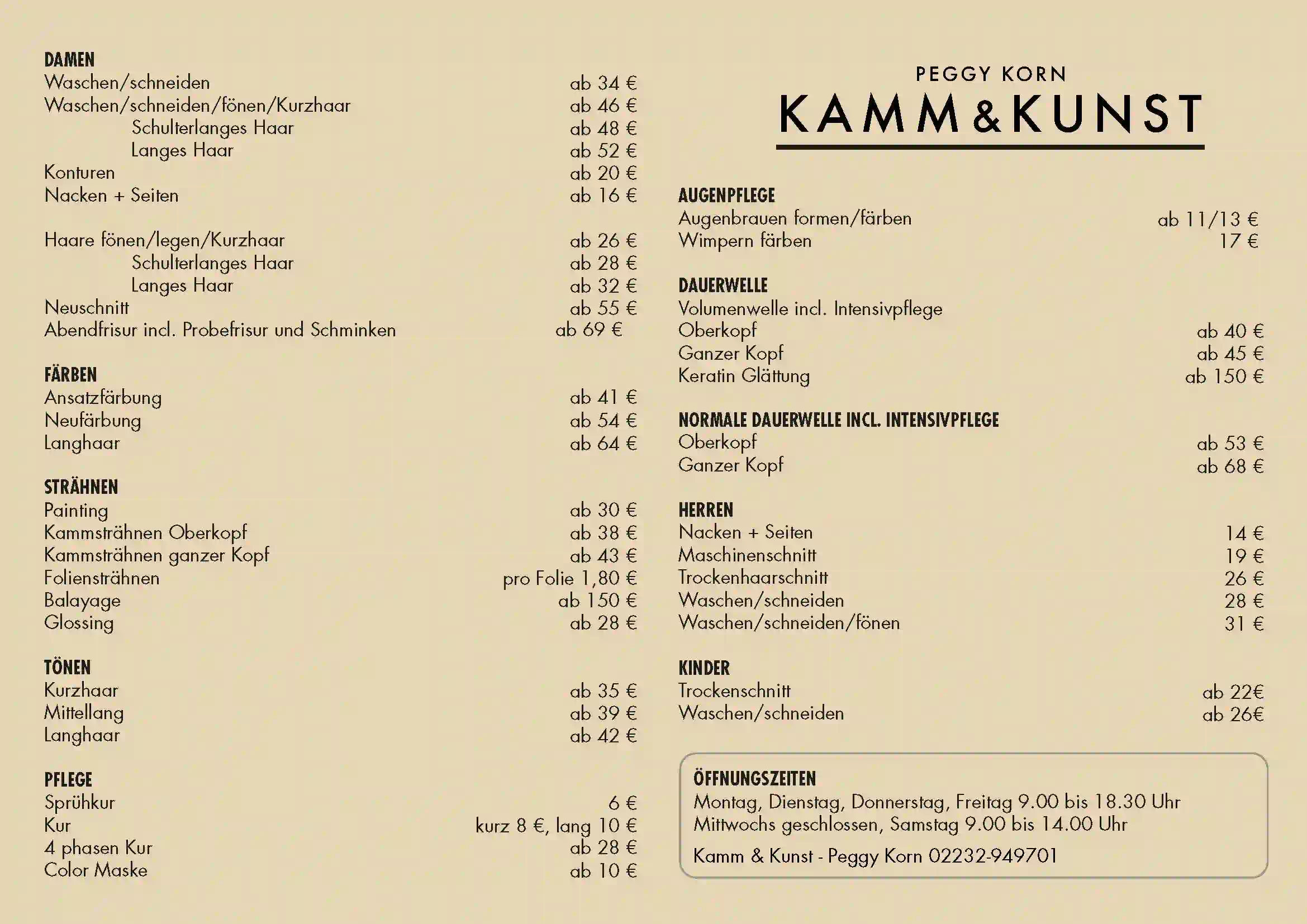 Preisliste KAMM & KUNST mit allen Friseurdienstleistungen und Preisen